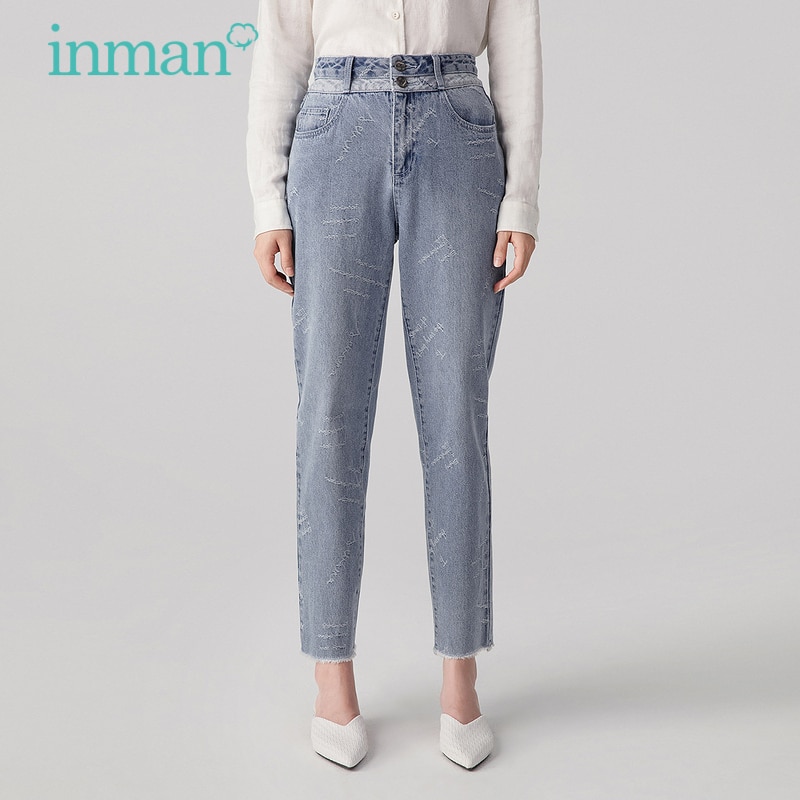 INMAN Women&s Jeans Spring Autumn Jacquard Long Trousers Casual Pant High Waist Vintage Chic Jeans For Women&s Minim